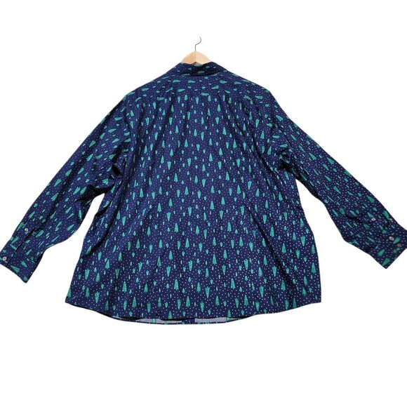 Lands End Womens No Iron Supima Shirt 24W Blue Christmas Green Trees Pattern - Picture 7 of 8